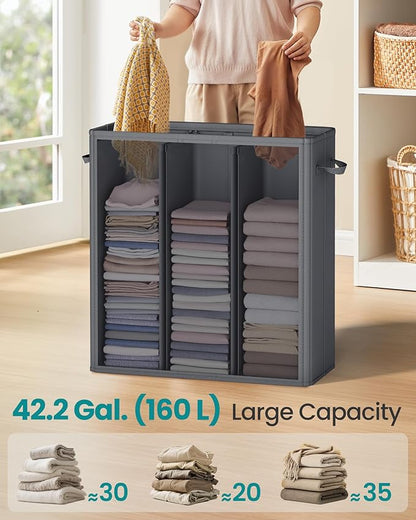 SONGMICS 42.2 Gallon (160 L) Laundry Hamper, 3-Compartment Laundry Basket Sorter with Lid, Labels, Removable Liner Bags, for Bedroom, Dark Gray URLH013G01