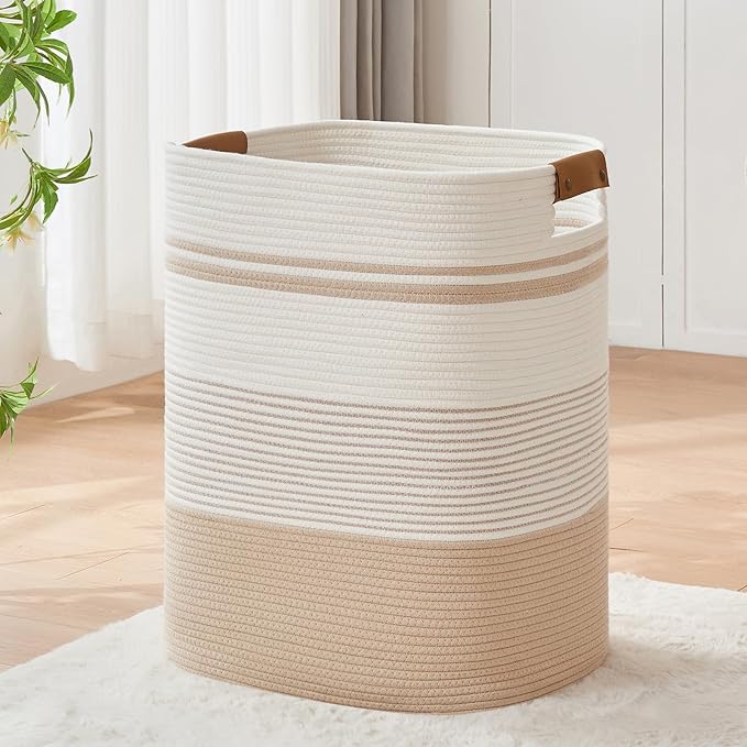 Laundry Basket with Handles - Blanket Basket & Hampers for Bedroom Aesthetic, Laundry Hamper & Blanket Storage for Living Room, Clothes Hamper, Tall, Large 17" x 14" x 22”, Off-white