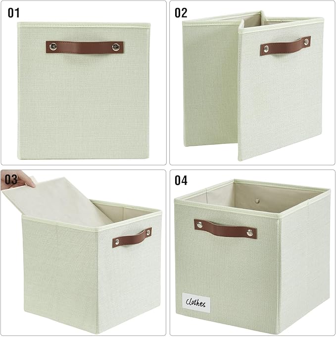 Collapsible Fabric Storage Cube Bins with 2 Reinforced PU Handles, Foldable Storage Organizer Baskets for Closet, Shelves, Living Room | 11"x11"x11", 4 Pack, Sage Green