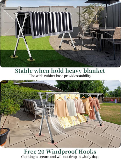 79 Inches Heavy - Duty Stainless Steel Folding Clothes Drying Rack - Indoor/Outdoor Use, Anti-Rust, 20 Windproof Hooks, Portable & Foldable (79'')