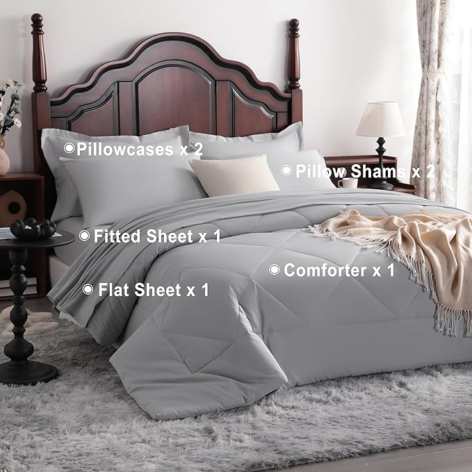 NTBAY King Comforter Set with Sheets, 7 Pieces Soft and Breathable King Bedding Set, Bed in a Bag, Down Alternative Comforter Set Solid Color All Season, King Bedding Set, Light Grey