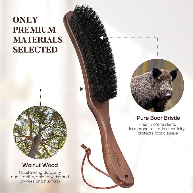 BFWood Clothes Brush - Boar Bristle Lint Brush for Suits, Cashmere, Wool, Velvet, Suede and Pet Hair - Large Black Walnut Wood Handle