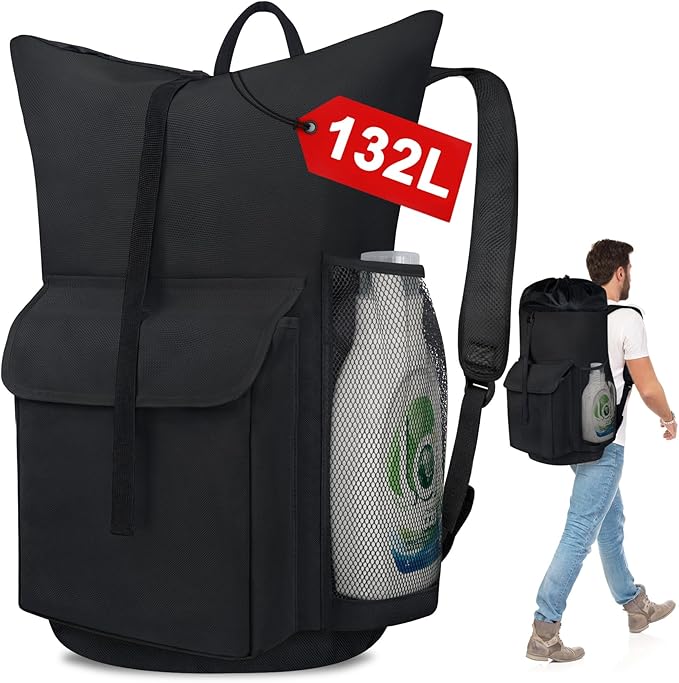 Laundry Backpack Bag, 132L Extra Large Heavy Duty Laundry Backpack for College Dorm Essentials, Laundry Hamper Travel Bag with Shoulder Straps and Mesh Wash Bags for Laundromat, Apartment Black