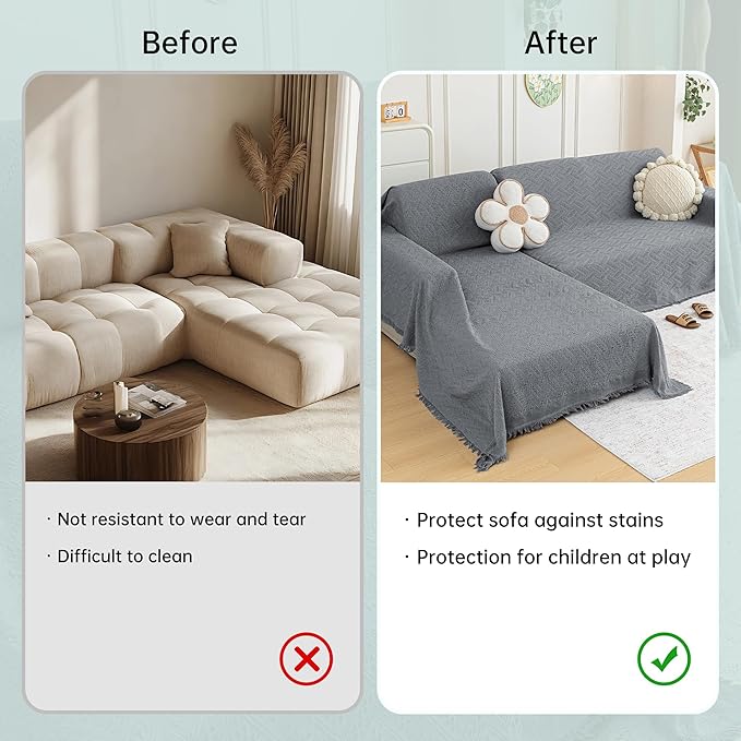 MYSKY HOME Couch Cover for Sectional Sofa, 2 Pieces Couch Covers for L Shape Sofa Geometrical Sofa Slipcovers for 2-3 Cushion Couch Sofa Throws for Pets, Kids (71"x118"+71"x118", Frost Grey)