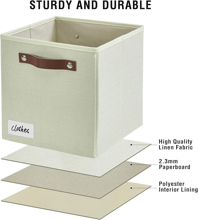 Collapsible Fabric Storage Cube Bins with 2 Reinforced PU Handles, Foldable Storage Organizer Baskets for Closet, Shelves, Living Room | 11"x11"x11", 4 Pack, Sage Green