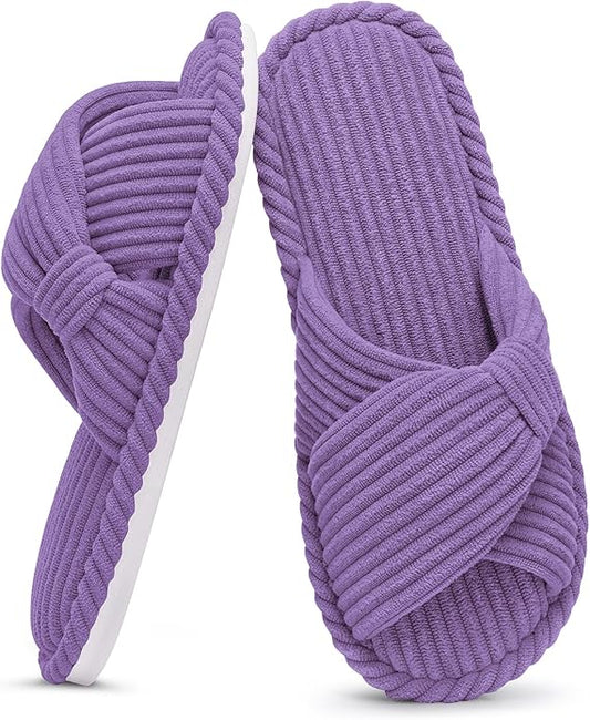 Evshine Summer House Slippers for Women Corduroy Cross Bow Indoor Slippers Open Toe Slip On Bedroom Shoes with Memory Foam
