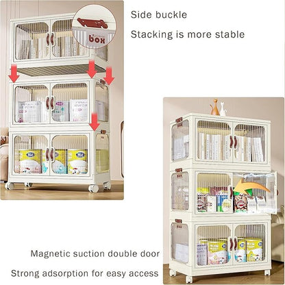 Multi-Purpose Stackable Plastic Storage Bins with Wheels & Lids - Space-Saving Foldable & Collapsible Organizers for Home, Pantry, Office, Dorm, Craft Room & Closet (3 Layers)