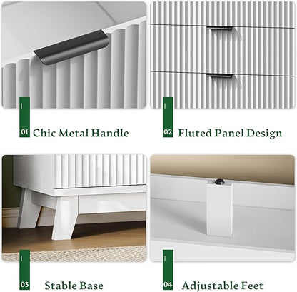Fluted Dresser with 6 Drawers, 54" Wide Modern Chest of Drawers with Metal Handle, Wooden Dresser TV Stand, Wood Closet Clothes Storage Organizer for Bedroom, Living Room, Hallway, Solid White