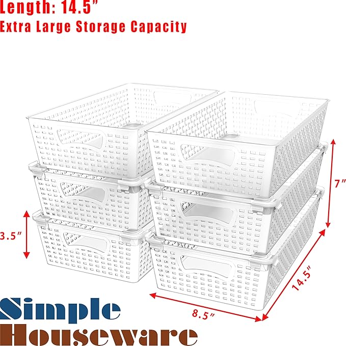 Simple Houseware Stackable Plastic Woven Basket Organizer, 6 Pack, 14.5" x 8.5" x 3.5", Clear