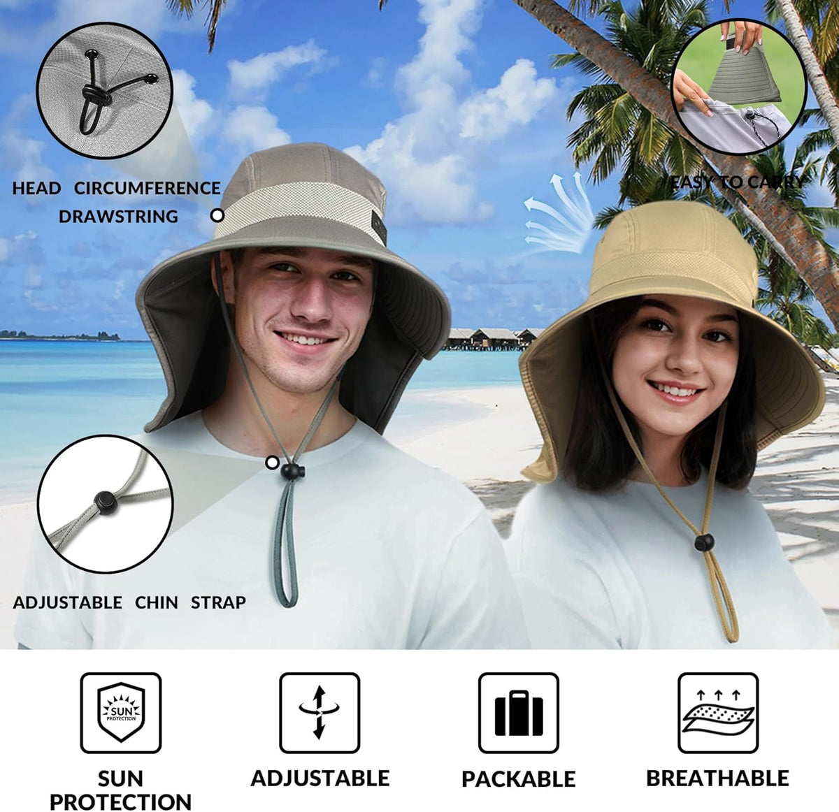 Sukeen Cooling Sun Hat for Men Women UPF50+ Wide Brim Fishing Hat with Neck Flap Adjustable Foldable Bucket Hat for Hiking