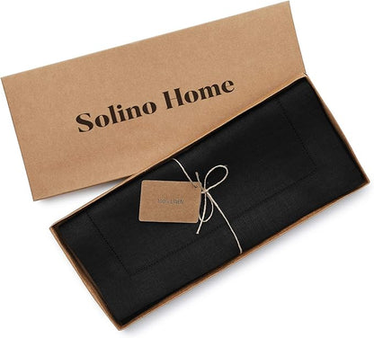 Solino Home Linen Black Table Runner 120 Inches Long - 100% Pure Linen 14 x 120 Inch Table Runner for Holiday, Christmas, New Year - Classic Hemstitch