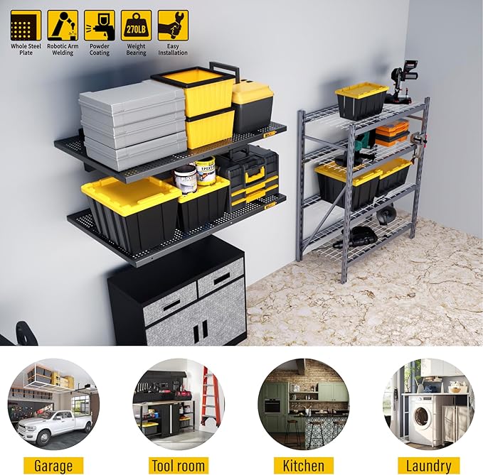 2Pack 2x3ft Adjustable Metal Garage Wall Shelving Heavy Duty Garage Storage Shelf Wall Mounted Black