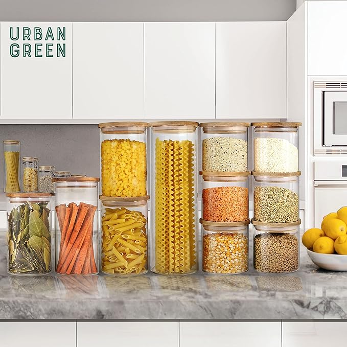 Urban Green Glass Jars with Airtight Lids, Airtight Canisters with Wood Lids, Glass Storage Containers with Bamboo Lid, Food Storage Containers Set (6 Pack of 27oz)