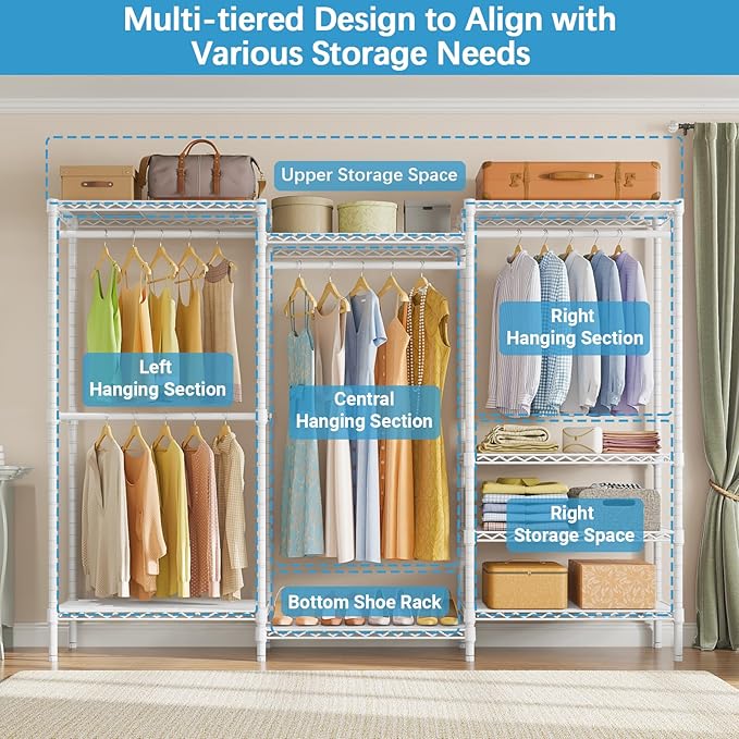 VIPEK V5 Plus Portable Closet Wardrobe Heavy Duty Clothes Rack, Large Free Standing Closet Rack for Hanging Clothes, 85.4" L x 15.7" W x 76.4" H, White