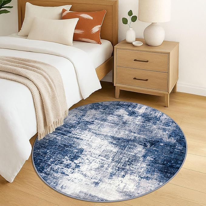 IOHOUZE Round Area Rug 5 Ft Circle Entryway Rugs Round Washable Door Mat Indoor Entrance, Non Slip Circle Front Door Rug, Printed Abstract Faux Wool Floor Carpet for Foyer Porch Sink, Navy/Grey