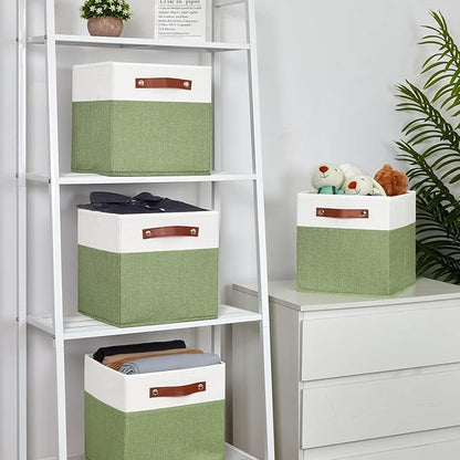 Temary Fabric Storage Bin 11x11 Cube Storage Bins for Home, 4 Pack Fabric Organizer Bins Cube Organizer Bins with Leather Handles Decorative Storage Bins for Shelf (White&Green)