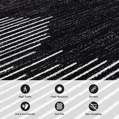 Rugshop Bohemian Stripe Stain Resistant High Traffic Living Room Kitchen Bedroom Dining Home Office Round Area Rug 8' Black