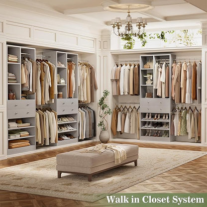 Closet System, Up to 134"/11.2 FT Closet Organizer with 4 Wooden Drawers and Shelves, Walk-in Closet System with 6 Hanging Rods, Built-in Closet Can Fit 96"/8FT, 120"/10FT, Morandi Grey