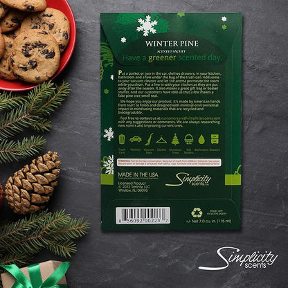 Winter Pine Scented Sachets Pack of 3, Long-Lasting Scented Bags, Home Fragrance, Air Freshener & Deodorizer for Closet, Room, Drawer, or Cars, Made in USA