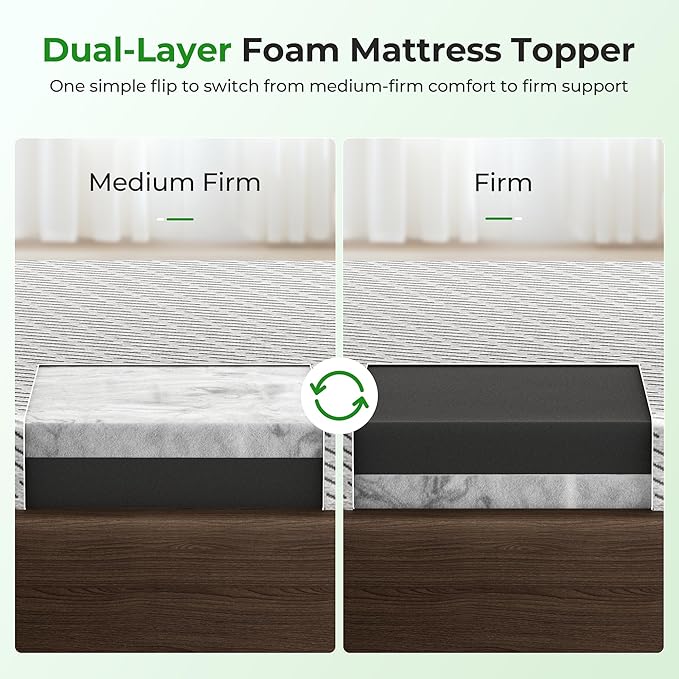 Bamboo Mattress Topper Full Size 4 Inch, Cooling Gel & Bamboo Charcoal Memory Foam Mattress Topper for Back Pain Relief, Firm Dual-Layer Foam Bed Pad with Removable Cover