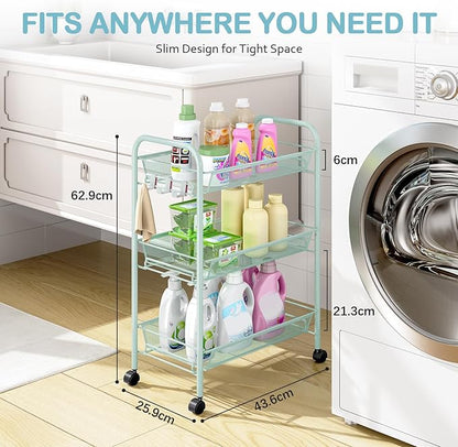 TOOLF 3-Tier Metal Rolling Cart, Mesh Wire Easy Assemble Utility Cart, Storage Trolley on Wheels with 3 Hooks, MetalStorage Shelving Units for Kitchen Bathroom Laundry Room
