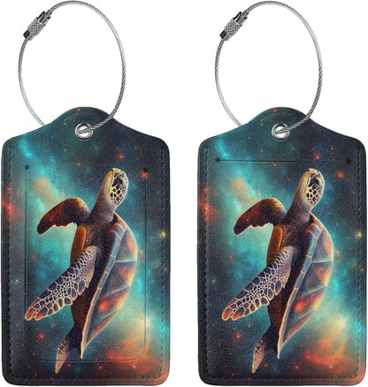 Sea Turtle Leather Luggage Tag with Stainless Steel Ring, Fun Name Id Card Cover Travel Bag Tag Set, Suitable for Travel Bag Luggage Women Men 4 PCS