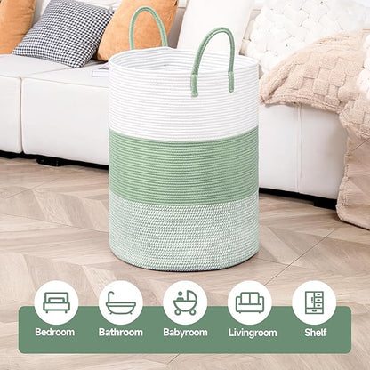 CLHMILY&Z 100L Laundry Basket Round Storage Rope Basket - 18.1x24 Inches - Green Hamper in Bedreoom and Cute Storage Bin for Blankets, Toys, and Nursery Essentials