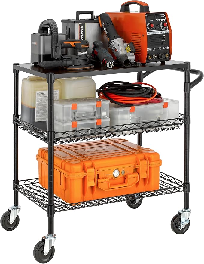 Finnhomy 3 Tier Heavy Duty Commercial Grade Utility Cart with Wood Top, Wire Rolling Cart with Wheels and Handle Bar, Kitchen Carts on Wheels, Metal Cart with 600 LBS Capacity, Black