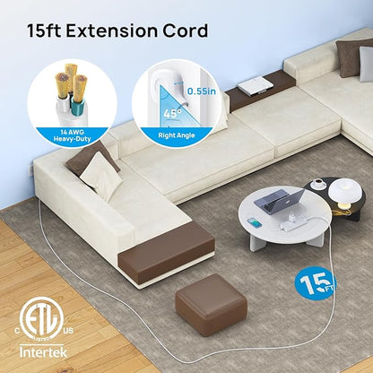 TROND Surge Protector Power Strip, Flat Plug 15ft Long Extension Cord, 10 Widely Spaced AC Outlets, 2 USB A & 2 USB C Ports, 4000J, ETL Listed, Wall Mountable, for Home Office Entertainment, White