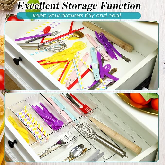 Maitys 12 Pcs Vanity Drawer Organizer 9 x 3 x 2 Inches Clear Plastic Utensil Organizers Kitchen Drawers Dividers for Office Desk Silverware Kitchen Utensils Cosmetics and Bathrooms(Clear)