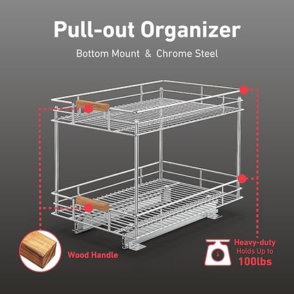 Pull Out Cabinet Organizer(14" W x 21" D), 2 Tier Slide Out Shelves with Wood Handle, Sliding Drawer Pull Storage Shelf for 15-1/4” Cabinet Opening, Chrome