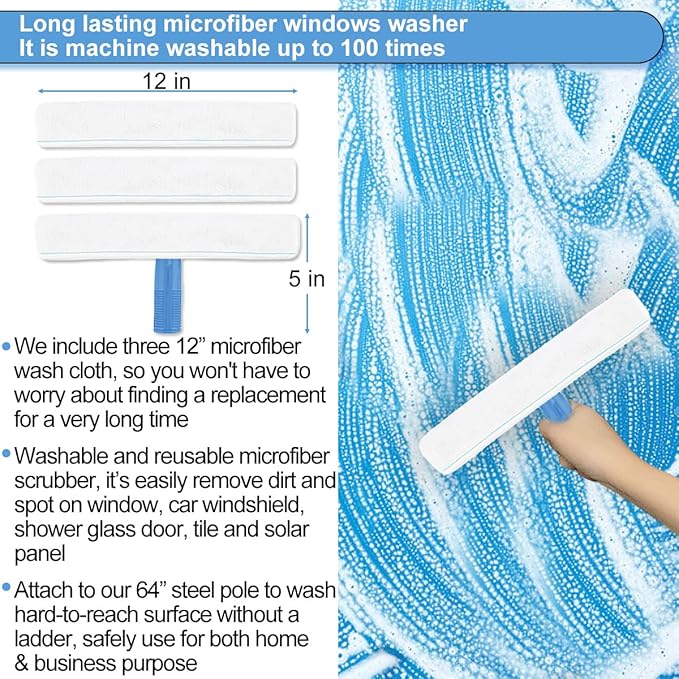 Window Squeegee Washing Kit for High Window, Shower Glass Door, Mirror Cleaning, with 69-inch Extension Pole, Extra 14'' Wide Squeegee and 2 Microfiber Scrubbers Included