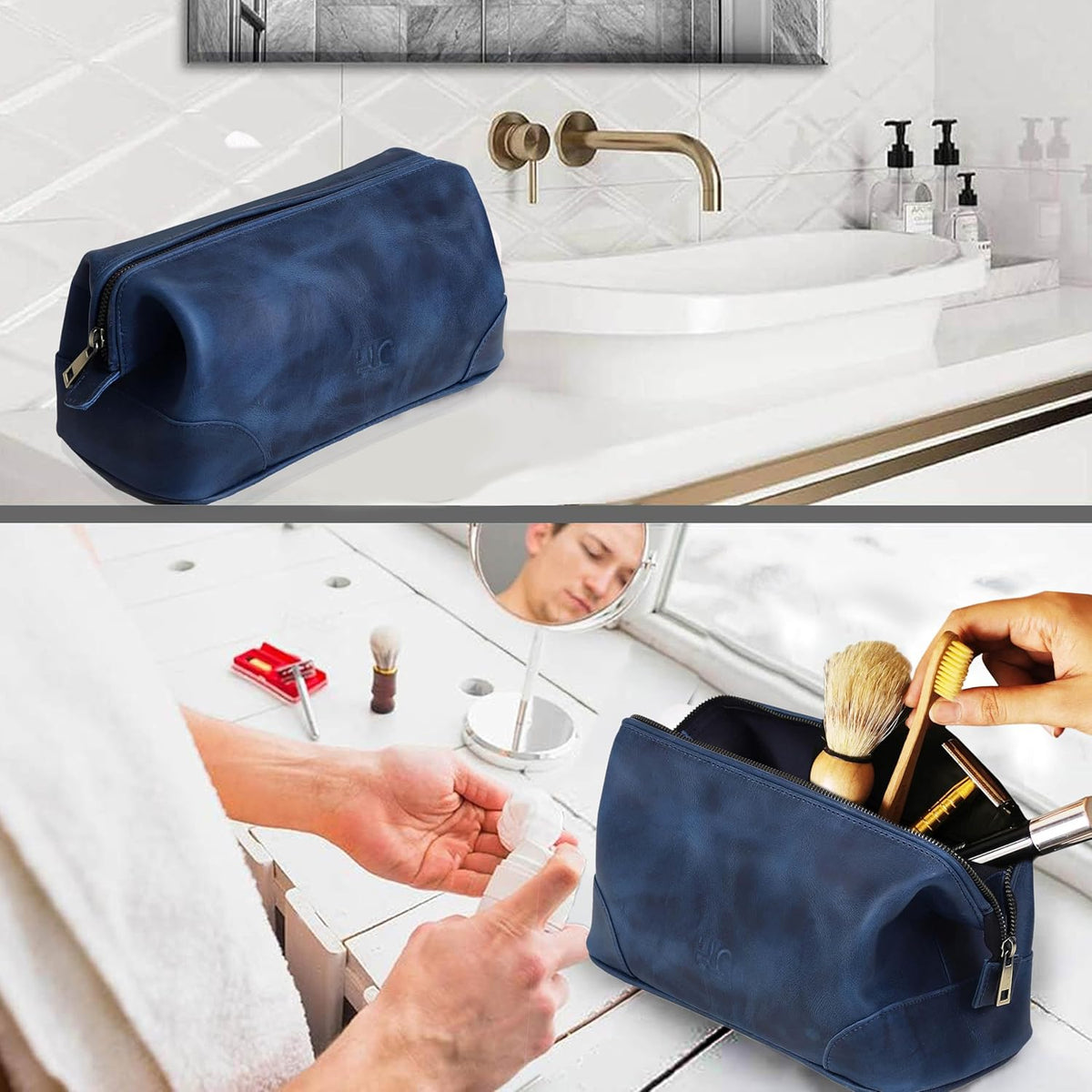 HLC Leather Toiletry Bag for Men - Best Gift for Men - Premium Genuine Leather Dopp Kit Shaving Kit Organizer Travel Kit Pouch Bag for Men - Large Size (blue)