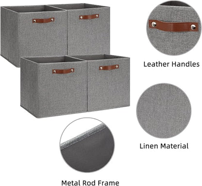 HNZIGE Fabric Storage Cubes Bins Baskets for Shelves Set of 4 Baskets, 13 Inch Storage Bins with Handles, Foldable Storage Cube Organizer Bins Organizing Home Nursery (Gray)