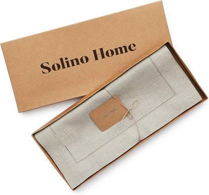 Solino Home Linen Natural Table Runner 132 Inches Long - 100% Pure Linen Extra Long Table Runner 14 x 132 Inch for Christmas, New Year - Classic Hemstitch