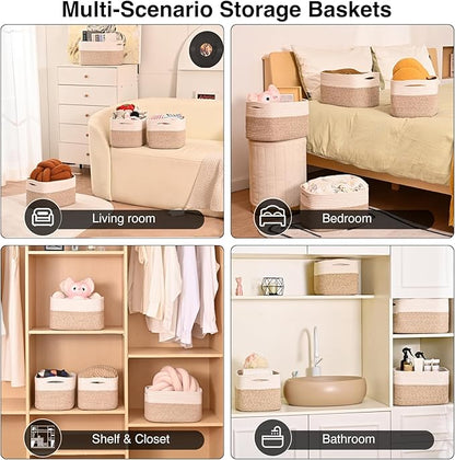 Storage Baskets for Shelves, Woven Storage Basket, Bins for Cube Storage, Cotton Rope Basket with Handles for Toy, Book, and Clothes Living Room, (4 Packs) Off White & Brown