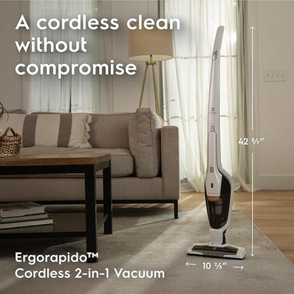 Electrolux Ergorapido Cordless 2-in-1 Vacuum Cleaner with High Suction Power and 180° EasySteer Mobility, 48-Minute Run Time, 2 Power Modes, Satin White