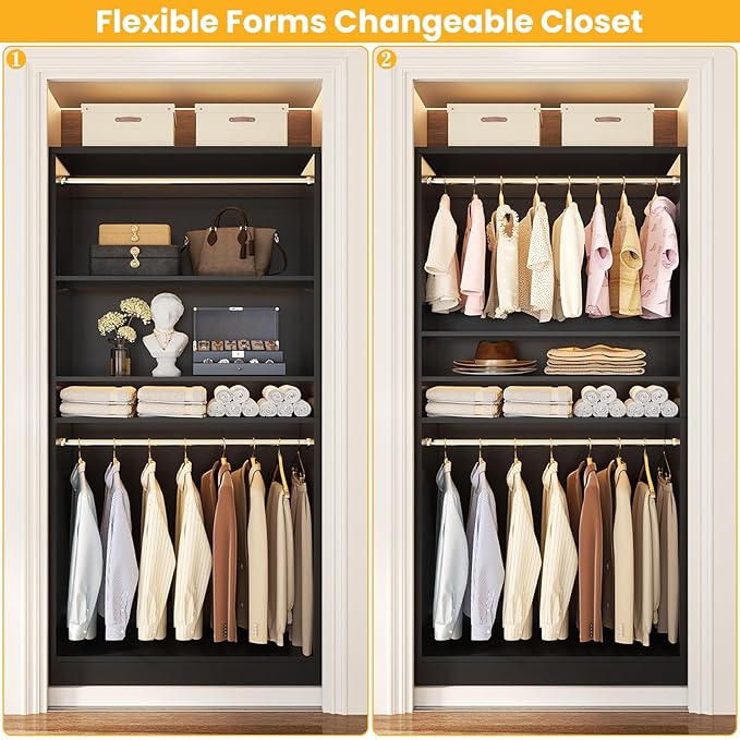 Unikito 3FT Freestanding Closet System with 2 Hanging Rods & Adjustable Shelve, 36'' Wood Closet Organizer System, Clothes Garment Rack, Sturdy Walk-in Closet Tower, Easy Assembly, Hold 800LBS, Black