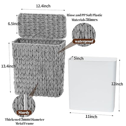 3 Gallon Wicker Trash Can,Grey Bathroom Trash Cans with Lid,Waterproof Slim Waste Basket for Bedroom,Home Office,Narrow Garbage Can with Removable Liner