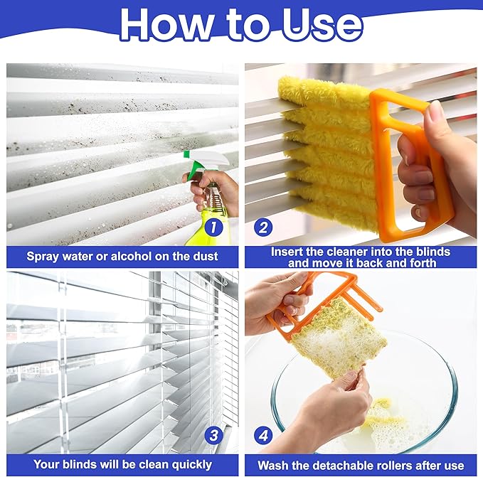 Blind Cleaner Duster Tool - 4 Pcs 7 Fingers Anti-Shedding Window Blind Cleaner Tool and 4 Pcs Air Vent Cleaner, with High-Density Microfiber Fleece and Ergonomic Handle, Detachable and Washable