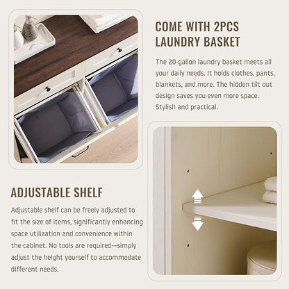 Triple Tilt Out Laundry Hamper Cabinet, 20 Gallon Farmhouse Trash Can Cabinet w/Drawer & Adjustable Shelf, Hidden Garbage Can Bin Cabinets w/Laundry Basket for Bathroom, Kitchen (Antique White)