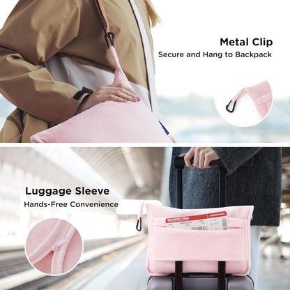 Bedsure Travel Blanket Airplane Compact with Storage Bag, Packable Blanket with Eye Mask, Lightweight 2-in-1 Travel Essentials, Functioned as Pillow for Airplane Comfort and Warmth, Pink