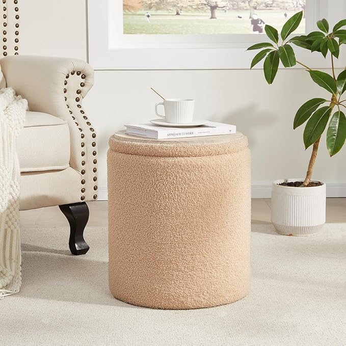 Boucle Round Ottoman with Storage Set of 2,Small Foot Stool Ottoman for Living Room, Small Coffee Table,Vanity Stool with Storage for Bedroom, Beige
