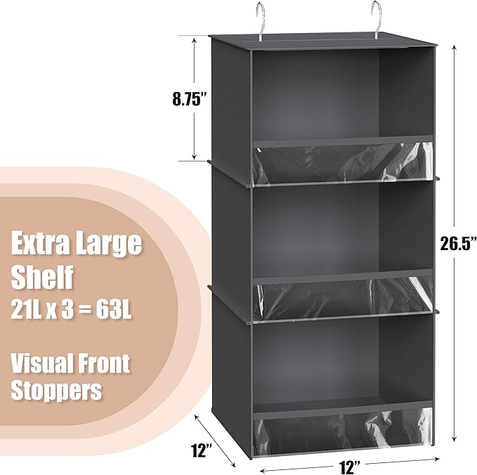 SIMPLE HOUSEWARE 3 Shelf Hanging Closet Organizer with Front Stopper, Dark Gray