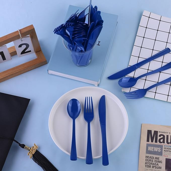 300 Pieces Dark Blue Plastic Silverware Heavy Duty Plastic Cutlery Set Heavyweight Disposable Flatware Includes Spoons Forks Knifes for Birthday Party Prom Night Wedding Dinner