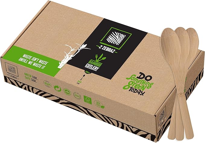 2ZEBRAZ 100% Bamboo Utensils Set of 300 Spoons Biodegradable Silverware for Parties, Events, BBQ, & Camping – Reusable or Disposable, Smooth, Durable, Odorless, heavy-duty Cutlery
