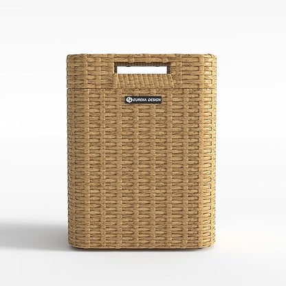 Ypati Handwoven 4 Gallon Rattan Trash Can with Lid, Boho Style Decorative Indoor and Outdoor Trash Bin with Shelf, Waste Basket for Bathroom, Patio, Study, with Trash Bags, Bohemian Yellow, Eureka