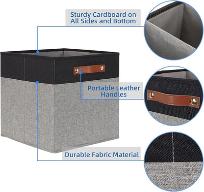 Temary 13 x 13 Storage Cubes Foldable Storage Cubes 4 Pack Canvas Storage Bin for Home, Square Storage Baskets with Leather Handles (Black&Grey)