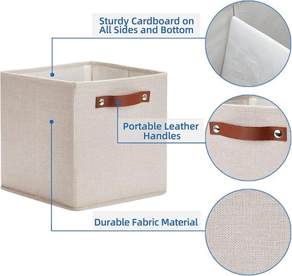 Temary 11x11 Storage Cubes Fabric Storage Cubes Storage Bins with Dual Leather Handles Canvas Storage Boxes for Organizing Home, Shelf, Closet (Beige, 11 x 11 x 11)
