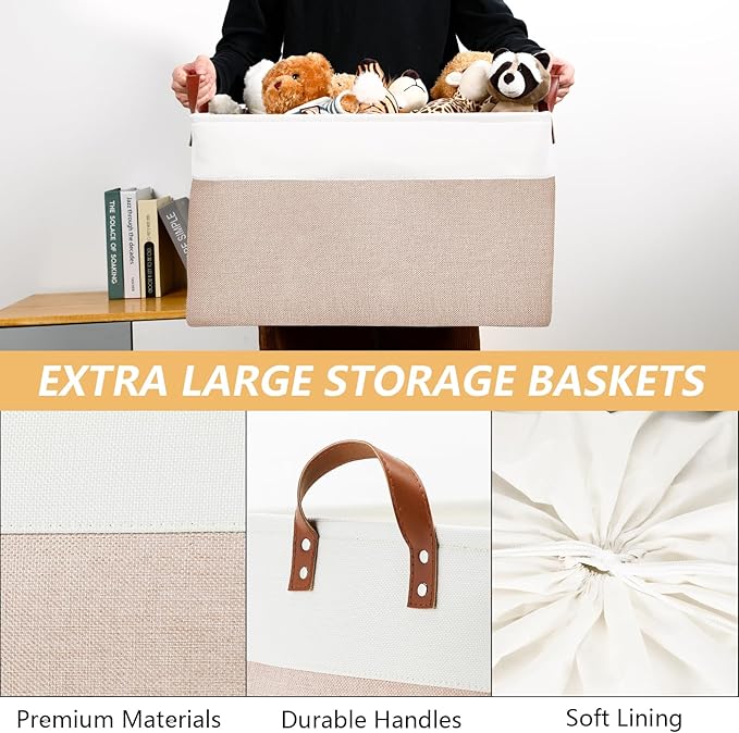 DULLEMELO 70L Extra Large Storage Bin, 22" x 15" x 13" Oversized Storage Basket, Collapsible Storage Box, Fabric Clothes Toys Blanket Basket for Shelves, Laundry, Nursery (White&Khaki)